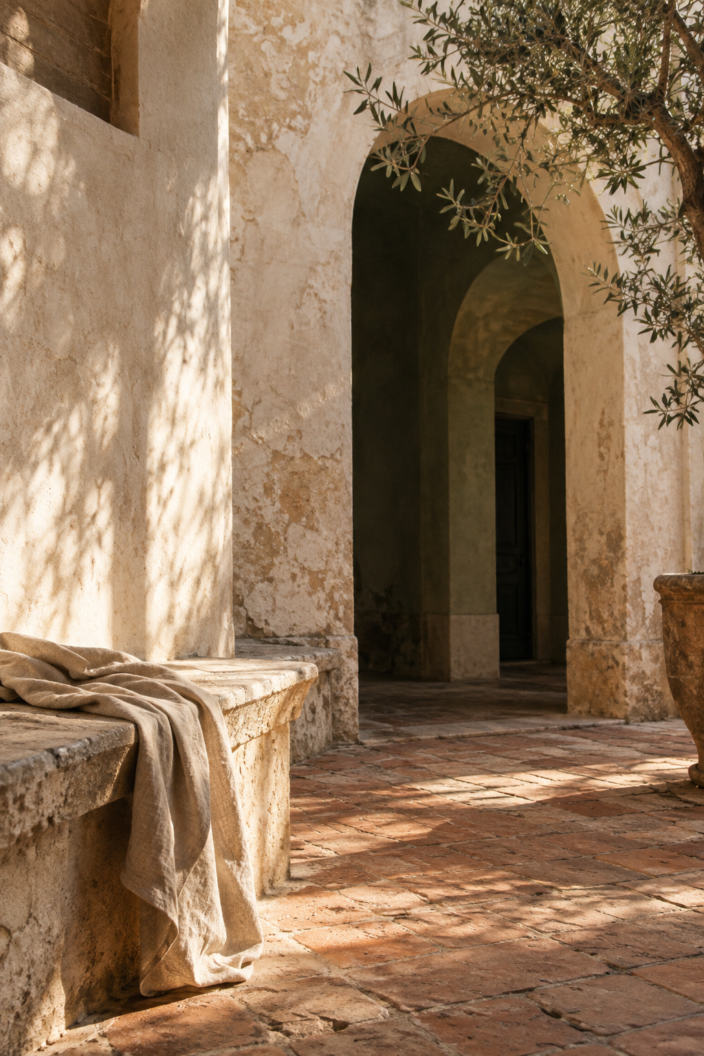 Quiet stone arches and draped linen in a Mediterranean courtyard
